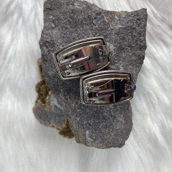 Vintage Faux Amber Silver Tone Rectangle Clip-on Earrings 1.25" X .75" - Picture 5 of 8